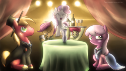 Size: 1280x720 | Tagged: safe, artist:fongsaunder, derpibooru import, apple bloom, big macintosh, cheerilee, scootaloo, sweetie belle, earth pony, pony, alcohol, apple bloom the shipper, bottle, clothes, cutie mark crusaders, dress, eyes closed, flower, glass, hat, male, microphone, mouth hold, notepad, pencil, scootaloo the shipper, shipper on deck, stallion, sweetie the shipper, table, tablecloth, tuxedo, vase