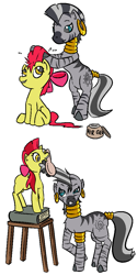 Size: 539x1075 | Tagged: artist needed, safe, apple bloom, zecora, earth pony, pony, zebra, alternate hairstyle, apple bloom's bow, book, bow, brush, female, filly, hair bow, hair gel, hairbrush, mane, mare, mohawk, stool