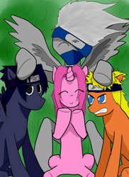 Size: 500x687 | Tagged: safe, derpibooru import, haruno sakura, hatake kakashi, naruto, ponified, team 7, uchiha sasuke, uzumaki naruto