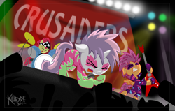 Size: 2548x1623 | Tagged: safe, artist:killryde, apple bloom, scootaloo, sweetie belle, earth pony, pegasus, pony, unicorn, the show stoppers, audience, band, concert, costume, crowd, cutie mark crusaders, female, filly, heavy metal, show stopper outfits, singing, stage