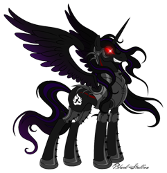 Size: 900x932 | Tagged: dead source, safe, artist:ex626akakeon, artist:sculpting-with-acid, oc, oc only, oc:black stallion, alicorn, pony, alicorn oc, armor, artifact, glowing eyes, male, simple background, solo, spiked armor, spread wings, stallion, transparent background, wings