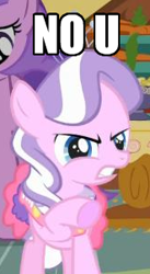 Size: 165x302 | Tagged: safe, derpibooru import, diamond tiara, earth pony, pony, caption, female, frown, glare, gritted teeth, image macro, mare, meme, no u, pointing, solo focus, text