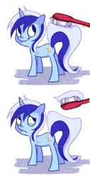 Size: 500x984 | Tagged: dead source, safe, artist:shiro, derpibooru import, minuette, pony, unicorn, before and after, brushie, female, frown, mare, smiling, toothbrush, toothpaste