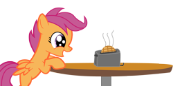 Size: 2000x997 | Tagged: safe, artist:heartbeatwithnosound, scootaloo, pony, cute, cutealoo, simple background, solo, table, toaster, transparent background, waffle