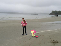 Size: 600x450 | Tagged: safe, apple bloom, human, pony, beach, irl, irl human, michelle creber, photo, ponies in real life, vector, voice actor joke