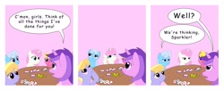 Size: 2583x1047 | Tagged: safe, artist:t-brony, amethyst star, cherry berry, cloud kicker, linky, shoeshine, sparkler, twinkleshine, comic:friendship is tragic, comic, moondancer (tragic)