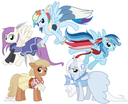 Size: 1280x1044 | Tagged: safe, artist:kumkrum, derpibooru import, oc, oc only, oc:applesauce, oc:feathers, oc:ragtag, oc:shooting star, oc:snowflake flair, clothes, dress, offspring, parent:rainbow dash, parent:soarin', parents:soarindash, simple background, transparent background