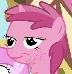 Size: 355x369 | Tagged: safe, edit, edited screencap, screencap, piña colada, ruby pinch, unicorn, the cutie pox, acne, adam's apple, cropped, cute, faic, female, filly, jaded pinch, neckbeard, pinchybetes, swallowing