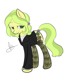 Size: 1800x2087 | Tagged: safe, artist:mrrowboat, oc, oc only, oc:sequoia, earth pony, pony, business suit, clothes, female, fishnet stockings, lidded eyes, mane down, mare, ponytail, simple background, smiling, solo, stockings, tail wrap, white background