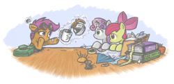 Size: 1291x625 | Tagged: safe, artist:onkelscrut, derpibooru import, apple bloom, scootaloo, sweetie belle, apple, bandaid, book, coffee, cutie mark crusaders, equipment, food, gear, goggles, magic, measuring tape, mug, pincushion, saddle bag, telekinesis