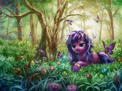 Size: 1600x1200 | Tagged: safe, artist:stupjam, derpibooru import, oc, oc only, oc:angelheart, butterfly, forest, prone, solo