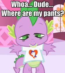 Size: 446x498 | Tagged: safe, artist:johnpony, spike, dragon, bottomless, clothes, high, image macro, solo, stoner spike, t-shirt, we don't normally wear clothes