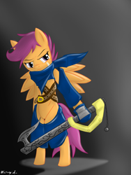 Size: 900x1200 | Tagged: safe, artist:microgrid, derpibooru import, scootaloo, pony, bipedal, keyblade, kingdom hearts