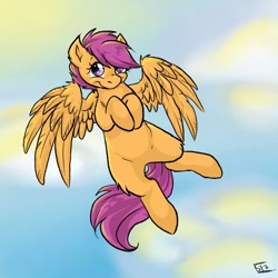 Size: 600x600 | Tagged: safe, artist:veritasket, scootaloo, pegasus, pony, flying, happy, scootaloo can fly, solo