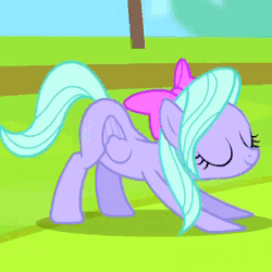 Size: 284x284 | Tagged: safe, screencap, flitter, pegasus, pony, animated, hair bow, stretch those glutes
