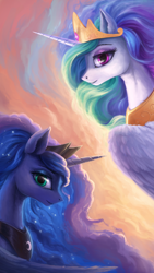 Size: 1440x2560 | Tagged: safe, artist:bra1neater, princess celestia, princess luna, alicorn, pony, 2016, beautiful, duo, female, looking at someone, looking at something, looking at you, mare, royal sisters, serene, siblings, sisters, smiling, twilight (astronomy), wallpaper