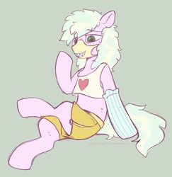 Size: 881x907 | Tagged: safe, artist:crimmharmony, oc, oc only, oc:loveshy, earth pony, pony, clothes, face mask, femboy, girly, male, mask, midriff, short shirt, shorts, sock, solo, stallion, sweat, tanktop, workout outfit