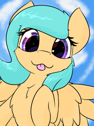 Size: 2125x2834 | Tagged: safe, artist:jubyskylines, oc, oc:mango foalix, pegasus, pony, cloud, cute, looking at you, raised hoof, tongue out