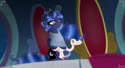 Size: 3500x1900 | Tagged: safe, artist:darkest-lunar-flower, princess luna, alicorn, bird, goose, pony, sparkle's seven, animal, clothes, cute, duo, ethereal mane, female, jewelry, lidded eyes, luna petting goose, mare, necklace, petting, sitting, sweater, throne