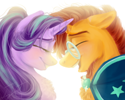 Size: 2000x1600 | Tagged: artist needed, safe, artist:гусь, starlight glimmer, sunburst, pony, unicorn, beard, beautiful, chest fluff, cute, eyes closed, facial hair, female, glasses, happy, male, mare, shipping, simple background, stallion, starburst, straight