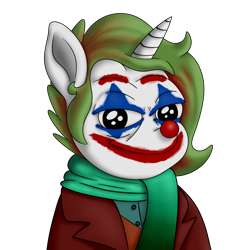 Size: 3600x3795 | Tagged: safe, artist:xchan, oc, oc only, oc:cotton coax, pony, unicorn, absurd resolution, clothes, clown, clown makeup, clown nose, face paint, jacket, joker, joker (2019), meme, pepe, ponified, scarf, simple background, society, solo, suit, the joker, transparent background