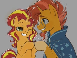 Size: 750x566 | Tagged: safe, artist:5mmumm5, sunburst, sunset shimmer, unicorn, brother and sister, cape, cute, female, glasses, male, sunny siblings, wink