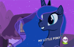 Size: 400x252 | Tagged: safe, screencap, princess luna, alicorn, pony, luna eclipsed, animated, cute, hub logo, lunabetes, open mouth, smiling, solo, talking, the fun has been doubled