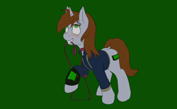 Size: 6000x3700 | Tagged: safe, artist:kpvt, oc, oc only, oc:littlepip, pony, unicorn, fallout equestria, blushing, clothes, collar, eyes rolling back, fanfic, fanfic art, female, leash, mare, mouth hold, pet play, pipbuck, simple background, solo, vault suit, wip
