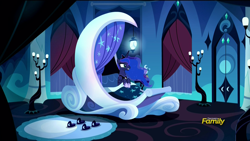 Size: 1920x1080 | Tagged: safe, screencap, princess luna, alicorn, pony, do princesses dream of magic sheep, bed, bedroom, clothes, discovery family logo, ethereal mane, female, jewelry, luna's room, mare, regalia, slippers, solo, starry mane