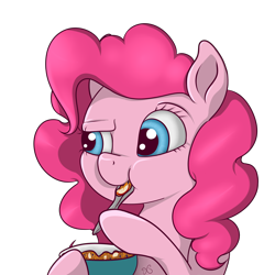 Size: 3000x3000 | Tagged: safe, artist:xchan, pinkie pie, pony, bowl, doubt, eating, female, oats, raised eyebrow, simple background, solo, spoon, transparent background