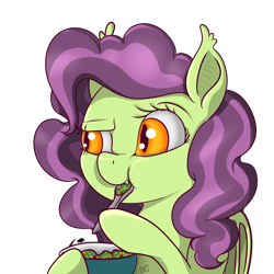 Size: 3000x3000 | Tagged: safe, artist:xchan, oc, oc only, oc:spooky treats, bat pony, pony, bowl, doubt, eating, female, raised eyebrow, salad, simple background, solo, spoon, transparent background