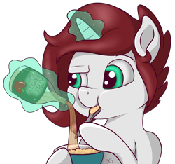 Size: 3013x2823 | Tagged: safe, artist:xchan, oc, oc only, oc:cotton coax, pony, unicorn, bowl, cereal, doubt, eating, levitation, magic, male, rum, simple background, solo, spoon, transparent background