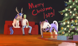 Size: 1280x760 | Tagged: safe, artist:rhorse, shining armor, oc, oc:anon, oc:anonymous, oc:corona, deer, earth pony, pony, reindeer, unicorn, antlers, box, christmas, christmas tree, dark background, female, filly, foal, hearth's warming, hearth's warming eve, holiday, male, mouth hold, mug, present, red nose, reindeer antlers, simple background, sofa, sofa 2013, stallion, tree