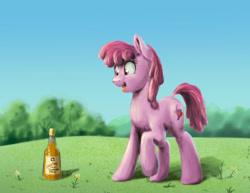 Size: 1097x846 | Tagged: safe, artist:el-yeguero, artist:kpvt, berry punch, berryshine, earth pony, pony, alcohol, bottle, female, flower, grass, mare, solo, tree