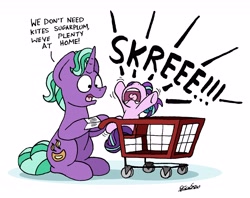 Size: 5205x4112 | Tagged: safe, artist:bobthedalek, starlight glimmer, unicorn, cute, female, filly, fire light, male, shopping cart, skreee, text, younger starlight glimmer