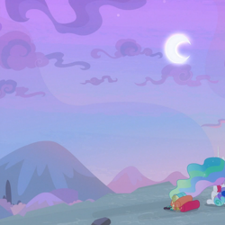 Size: 960x960 | Tagged: safe, screencap, princess celestia, princess luna, alicorn, pony, between dark and dawn, crescent moon, cropped, female, forced juxtaposition, juxtaposition, juxtaposition win, mare, meme, meta, moon, ponybooru, sky