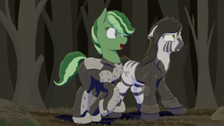 Size: 2560x1440 | Tagged: safe, artist:kpvt, oc, oc only, oc:minty fresh, oc:phisa, zebra, fallout equestria, fallout equestria: dead end, armor, clothes, jacket, leather, leather jacket, spiked armor, stripes, zebra oc