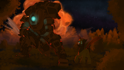 Size: 2560x1440 | Tagged: safe, artist:kpvt, oc, oc:nightfall, robot, explosion, mecha, titanfall