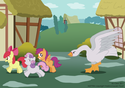 Size: 2480x1754 | Tagged: safe, artist:ks-claw, apple bloom, scootaloo, sweetie belle, goose, angry, animal, chasing, cutie mark crusaders, filly