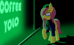 Size: 1800x1110 | Tagged: safe, artist:kpvt, fluttershy, pegasus, pony, clothes, glasses, hat, hipster, scarf