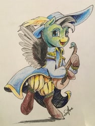 Size: 2528x3370 | Tagged: safe, artist:silfoe, oc, oc only, oc:duk, duck pony, bard, colored pencil drawing, dungeons and dragons, fantasy class, lute, ponyfinder, quack, quak, solo, traditional art
