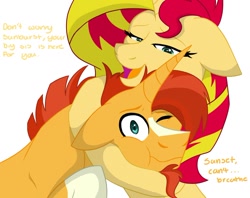 Size: 1024x811 | Tagged: safe, artist:colorstrike, sunburst, sunset shimmer, unicorn, brother and sister, cute, female, male, sunny siblings, text