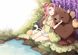 Size: 1503x1062 | Tagged: safe, artist:siam, angel bunny, fluttershy, harry, bear, bird, goose, human, squirrel, acorn, animal, clothes, dress, humanized, pixiv, pond, sleeping, solo, wingding eyes, wink