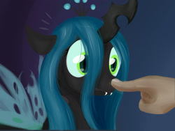 Size: 1600x1200 | Tagged: artist needed, safe, queen chrysalis, changeling, changeling queen, human, boop, cute, female, hand, this will end in pain
