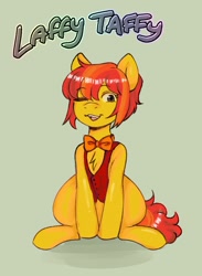 Size: 877x1200 | Tagged: safe, artist:poofindi, oc, oc only, oc:laughing stock, earth pony, pony, female, looking at you, sitting, smiling