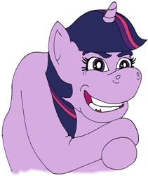 Size: 844x1000 | Tagged: safe, twilight sparkle, unicorn, evil, female, grin, le happy merchant, solo