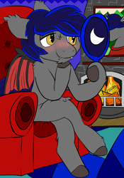 Size: 1400x2000 | Tagged: safe, artist:whitelightning, oc, oc:mr. bat, bat pony, pony, bat pony oc, blushing, chair, fireplace, mirror, neon pone, portrait, solo