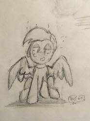 Size: 615x826 | Tagged: safe, artist:memely, oc, oc:duk, duck, duck pony, pegasus, pony, bloodshot eyes, dizzy, drugs, high, monochrome, quack, quak, solo, traditional art, way too much