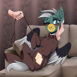 Size: 3000x3000 | Tagged: safe, artist:serodart, oc, oc:duk, duck pony, pegasus, pony, blushing, collar, commission, disembodied hand, female, hand, heart eyes, leash, looking at you, one eye closed, pillow, quack, quak, sofa, solo, wingding eyes, ych result