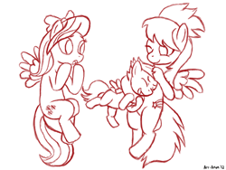 Size: 900x675 | Tagged: safe, artist:aa, cloudchaser, flitter, rumble, pegasus, pony, colt, cute, eyes closed, female, flying, male, mare, monochrome, noogie, open mouth, smiling, twins, wink